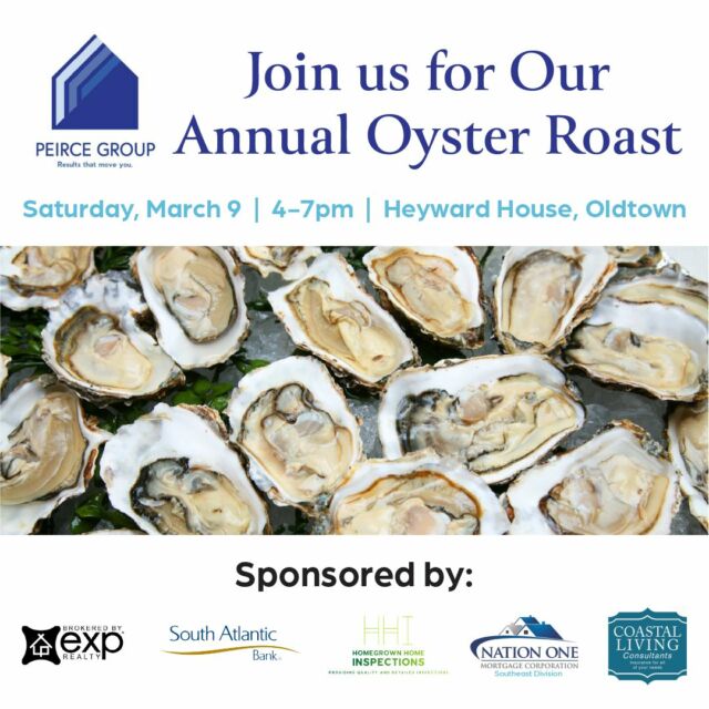 Make Sure To Rsvp For The Peirce Group Annual Oyster Roast 𝗧𝗛𝗜𝗦 Saturday, March 9 At The Heyward House. We Can'T Wait To See Everyone There. 

Rsvp Here: Http://Evite.me/Bdhvcsw2Yk 

Indulge In Fresh Oysters, And Savor Beer And Wine Selections From Lowcountry Taps, All In The Charming Setting Of Oldtown Bluffton. A Huge Thank You To Our Amazing Sponsors: South Atlantic Bank, Nation One Mortgage, Coastal Living Consultants Insurance, And Homegrown Home Inspections, For Helping Us Make This Event Possible. Don'T Miss Out On This Opportunity To Mingle, Enjoy Delicious Eats, And Celebrate Our Community.